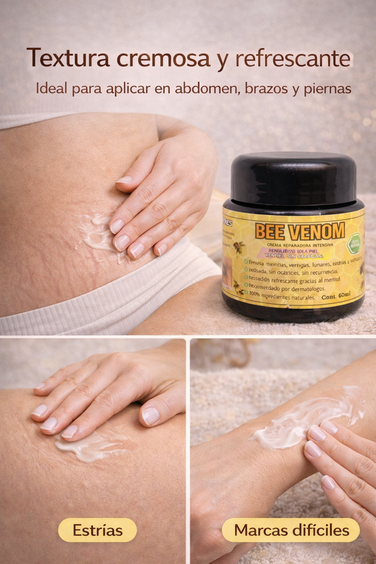 Bee Venom Premium. Crema Reparadora Intensiva de Veneno de Abeja. Aclara, hidrata y revitaliza tu piel mientras ayuda a disminuir manchas, cicatrices, estrías y várices superficiales.