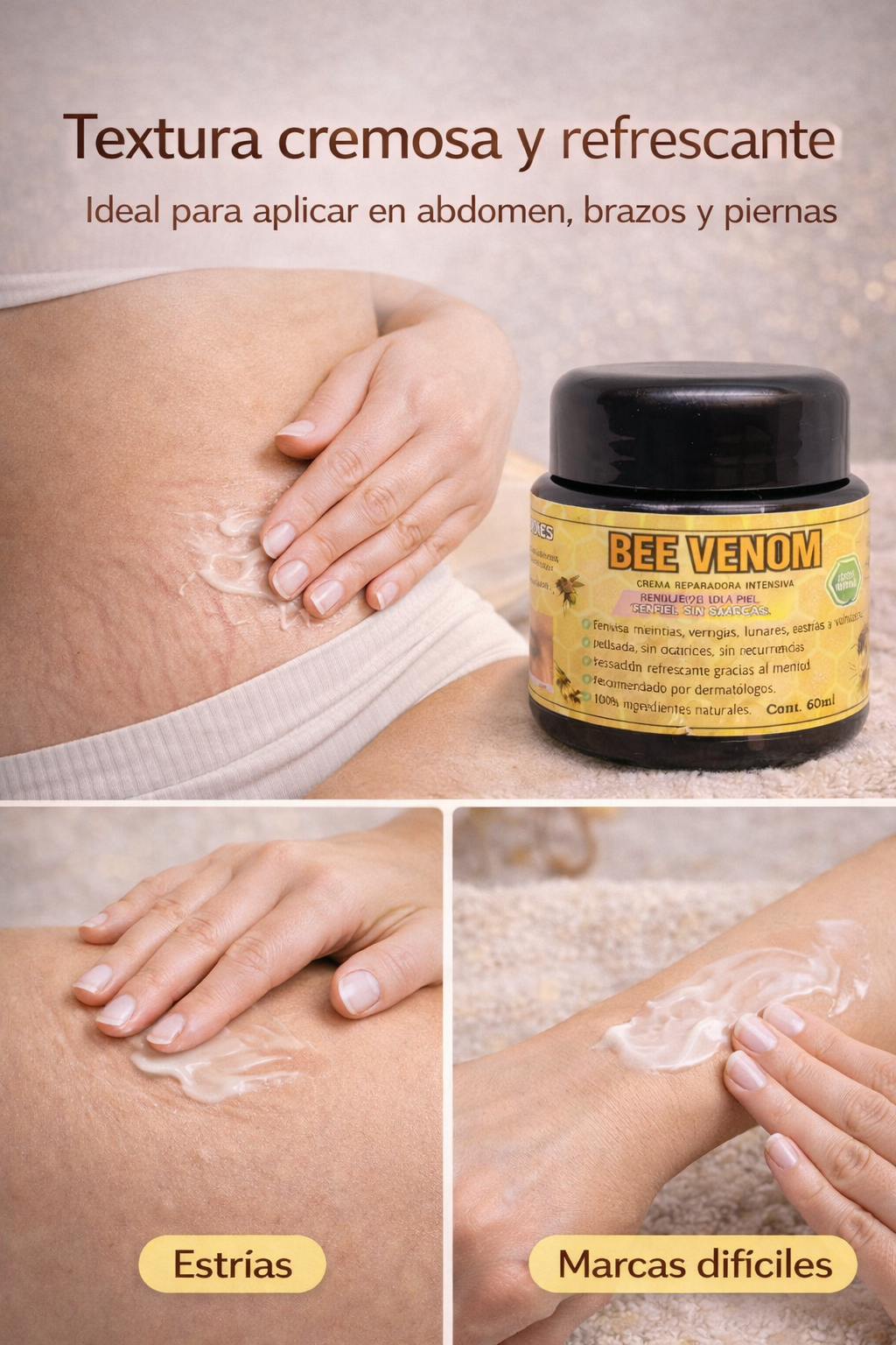 Bee Venom Premium. Crema Reparadora Intensiva de Veneno de Abeja. Aclara, hidrata y revitaliza tu piel mientras ayuda a disminuir manchas, cicatrices, estrías y várices superficiales.